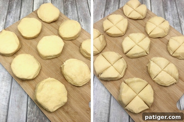 Yuletide Cinnamon Delight 4 Refrigerated biscuit dough laid out on a cutting board, clearly showing how each biscuit is precisely cut into quarters for uniform pieces.