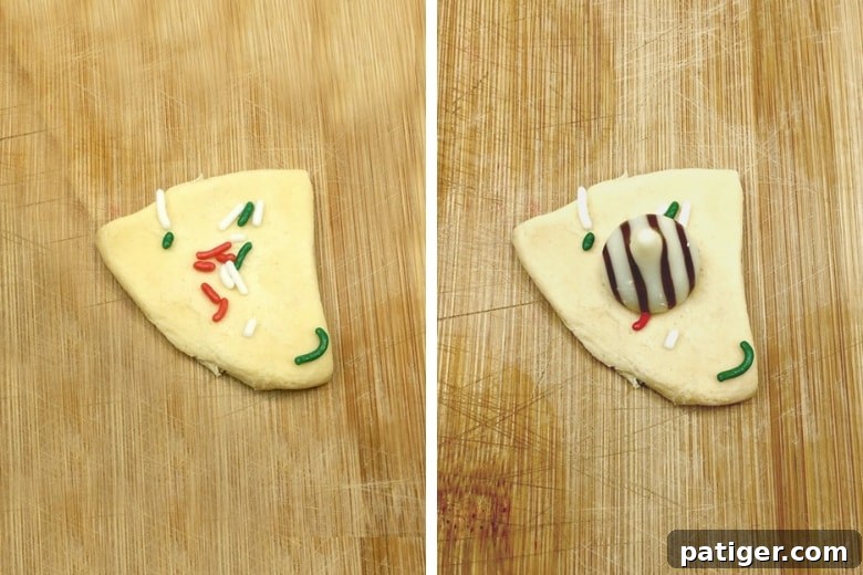 Yuletide Cinnamon Delight 5 On the left, a flattened quarter of biscuit dough is shown sprinkled with festive Christmas sprinkles. On the right, the same dough quarter is pictured with a Hershey Kiss placed on top, ready to be rolled into a ball.