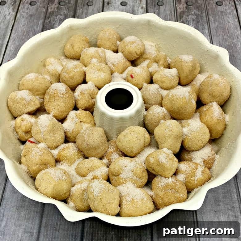 Yuletide Cinnamon Delight 7 Monkey bread dough balls, thoroughly coated in cinnamon sugar, neatly arranged and ready for baking in a bundt pan.