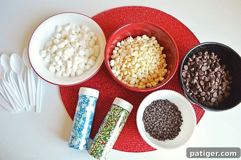 Bowls of mini marshmallows, white chocolate chips, chocolate chips, mini chocolate chips, and various sprinkles 