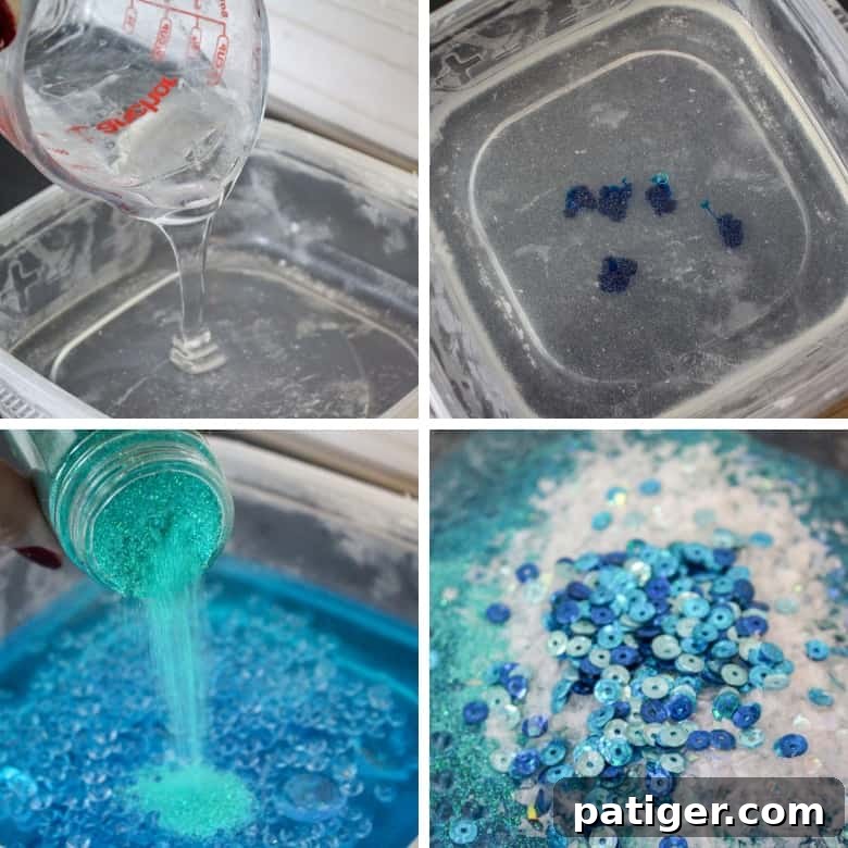 A four-panel image collage showing the steps to make Frozen slime: pouring glue into a container, adding blue colorant, adding glitter, and adding the remaining slime mix-ins.