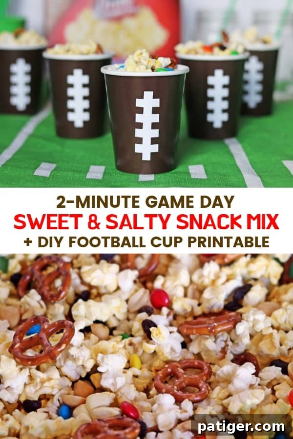 Tailgate Treat: Speedy Sweet and Salty Mix with Custom Football Holders 14 A no-bake sweet & salty snack mix made with popcorn, pretzels, raisins, chocolate, and peanuts. Served in DIY football cups, this easy snack mix is perfect for game day.