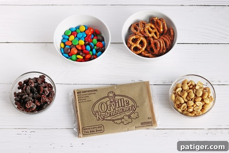 Tailgate Treat: Speedy Sweet and Salty Mix with Custom Football Holders 4 Orville Redenbacher's Popcorn bag, bowl of chocolate candies, bowl of peanuts, bowl of pretzels, bowl of raisins