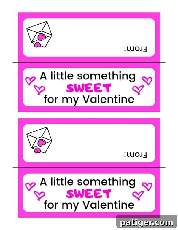 Free printable Valentine's Day Treat Topper template for treat bags, featuring 'A little something sweet'