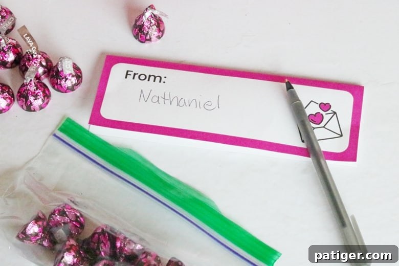 Valentine Treat Baggies with custom 'A little something sweet' toppers ready for Classroom Exchanges