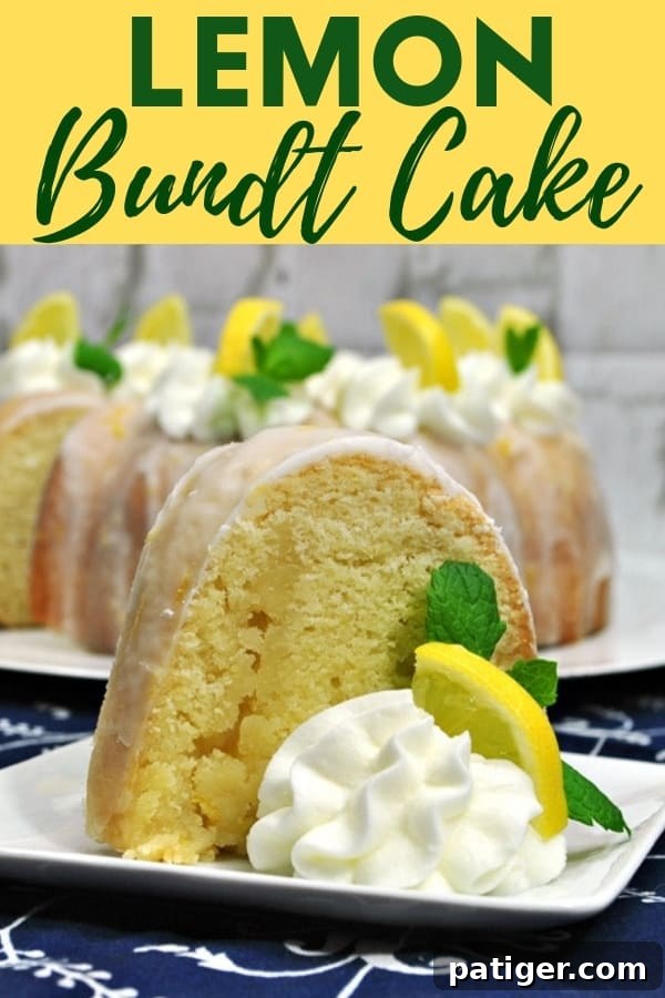 Zesty Lemon Bundt Bliss 5 Complete with a zesty lemon glaze, this homemade moist lemon bundt cake recipe is the perfect combination of sweet and tangy. A vertical shot of the lemon bundt cake on a white cake stand, perfect for Pinterest.