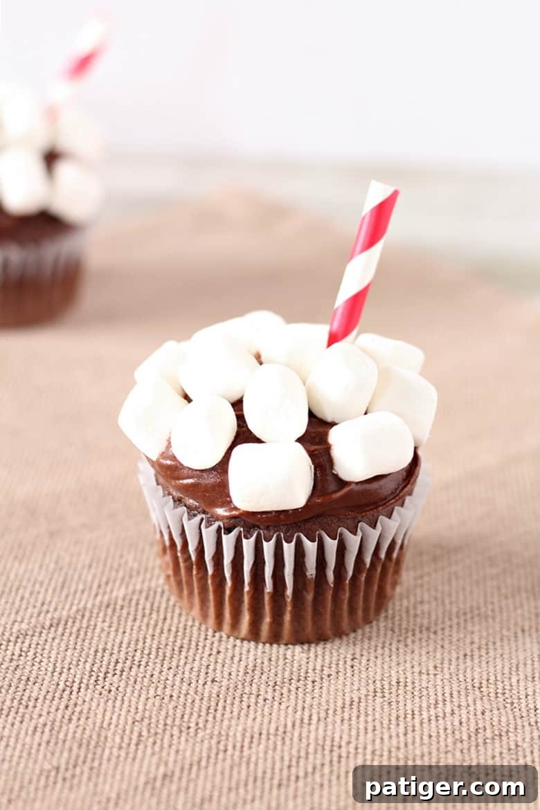 Cozy Cocoa Cloud Cupcakes 2 Delicious Hot Chocolate Cupcakes with rich chocolate frosting and mini marshmallows, topped with a decorative straw.