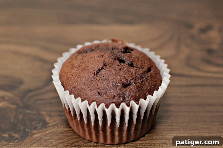 Cozy Cocoa Cloud Cupcakes 3 A chocolate Devil's Food cupcake baked in a crisp white paper liner, ready for frosting.