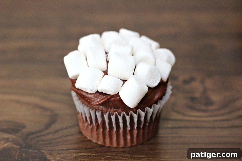 Cozy Cocoa Cloud Cupcakes 5 A close-up of a chocolate cupcake generously covered with fluffy mini marshmallows over a layer of chocolate fudge icing.