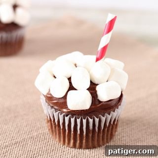 Cozy Cocoa Cloud Cupcakes 7 Delicious Hot Chocolate Cupcakes with rich chocolate frosting and mini marshmallows, topped with a decorative straw.