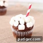 Cozy Cocoa Cloud Cupcakes 8 Delicious Hot Chocolate Cupcakes with rich chocolate frosting and mini marshmallows, topped with a decorative straw.