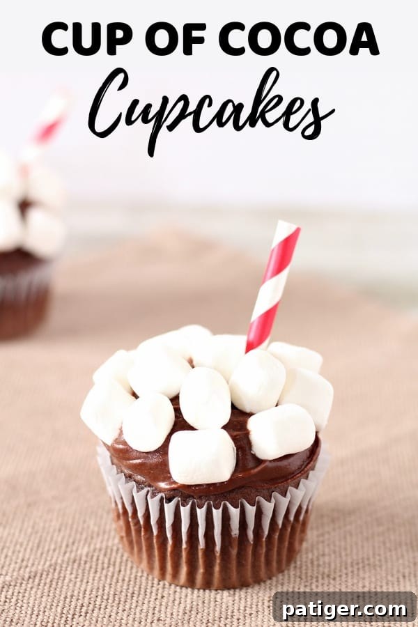 Cozy Cocoa Cloud Cupcakes 9 A vibrant Pinterest-friendly image showcasing the finished hot chocolate cupcakes, adorned with chocolate icing, mini marshmallows, and tiny paper straws. Perfect for sharing and saving for future baking inspiration.