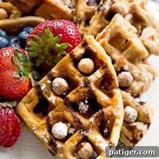 Reese's Puffs Cereal Waffles broken into quarters and served on a white plate with fresh berries, chocolate syrup, and Reese's Puffs.