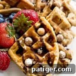 Reese's Puffs Cereal Waffles broken into quarters and served on a white plate with fresh berries, chocolate syrup, and Reese's Puffs.