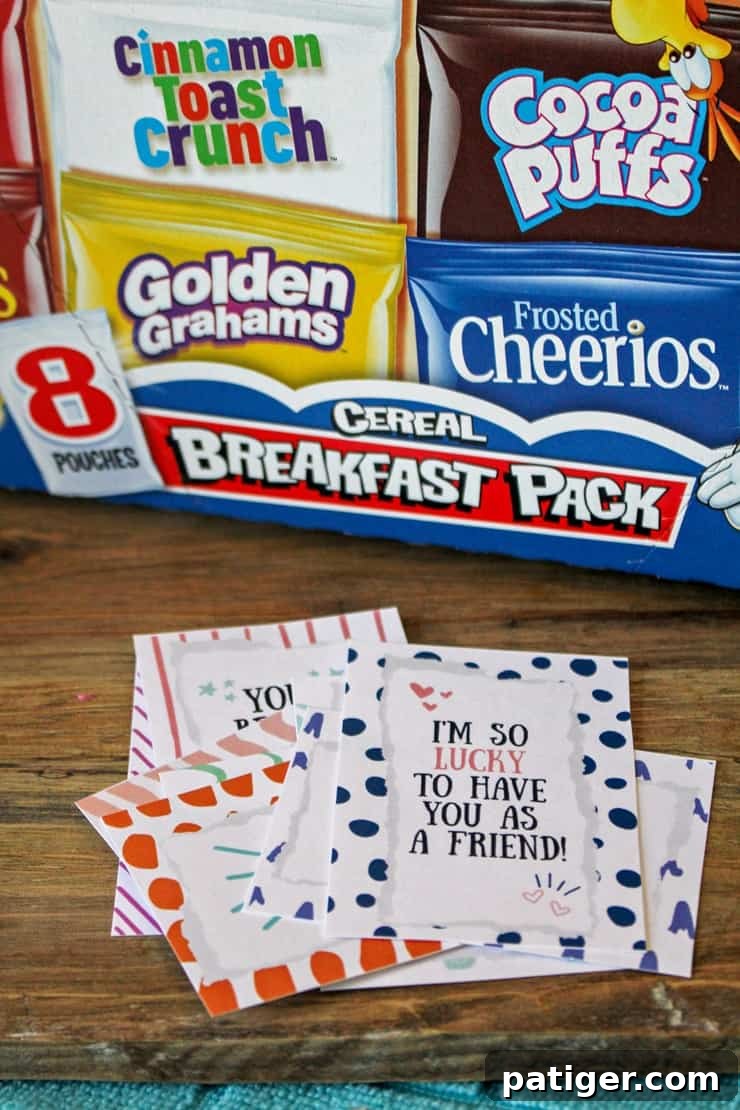 Variety pack of cereals with printable cereal valentine tags