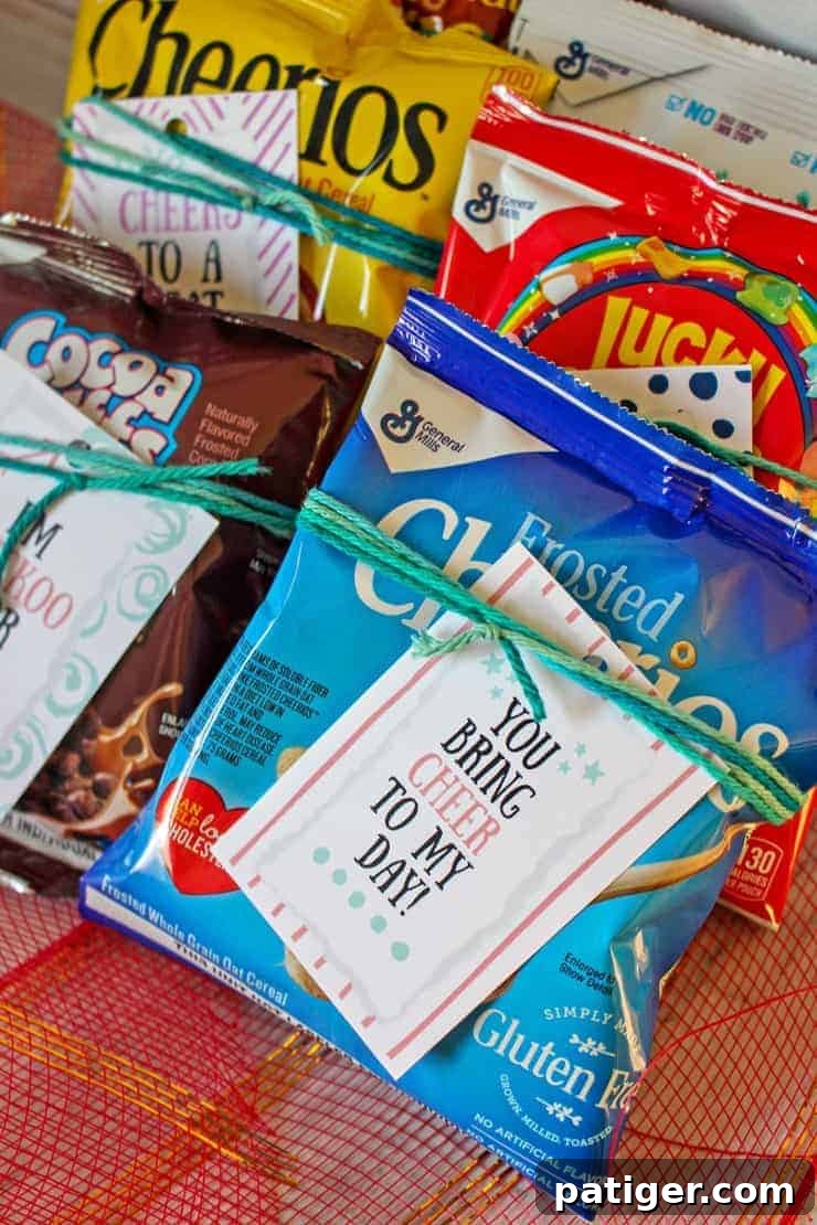 A collection of finished cereal valentines with various printable tags, ready for gifting