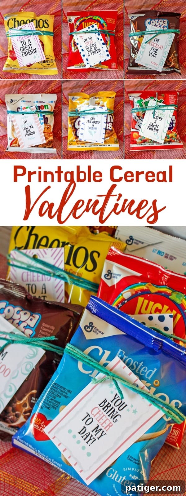 Pinterest graphic featuring a collage of printable cereal valentine tags and assembled gifts with the text 'Free Printable Cereal Valentine Tags for Kids'