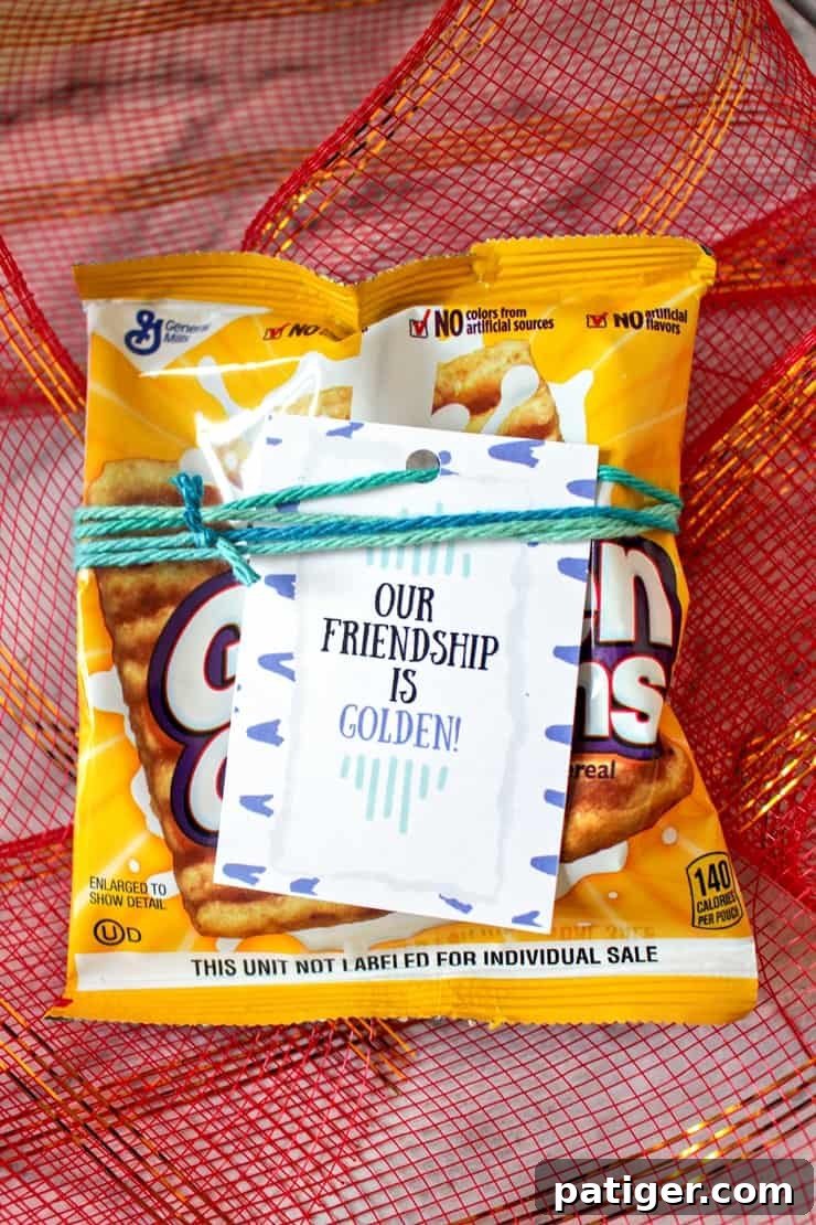 Golden Grahams with a 'Our friendship is golden' printable tag