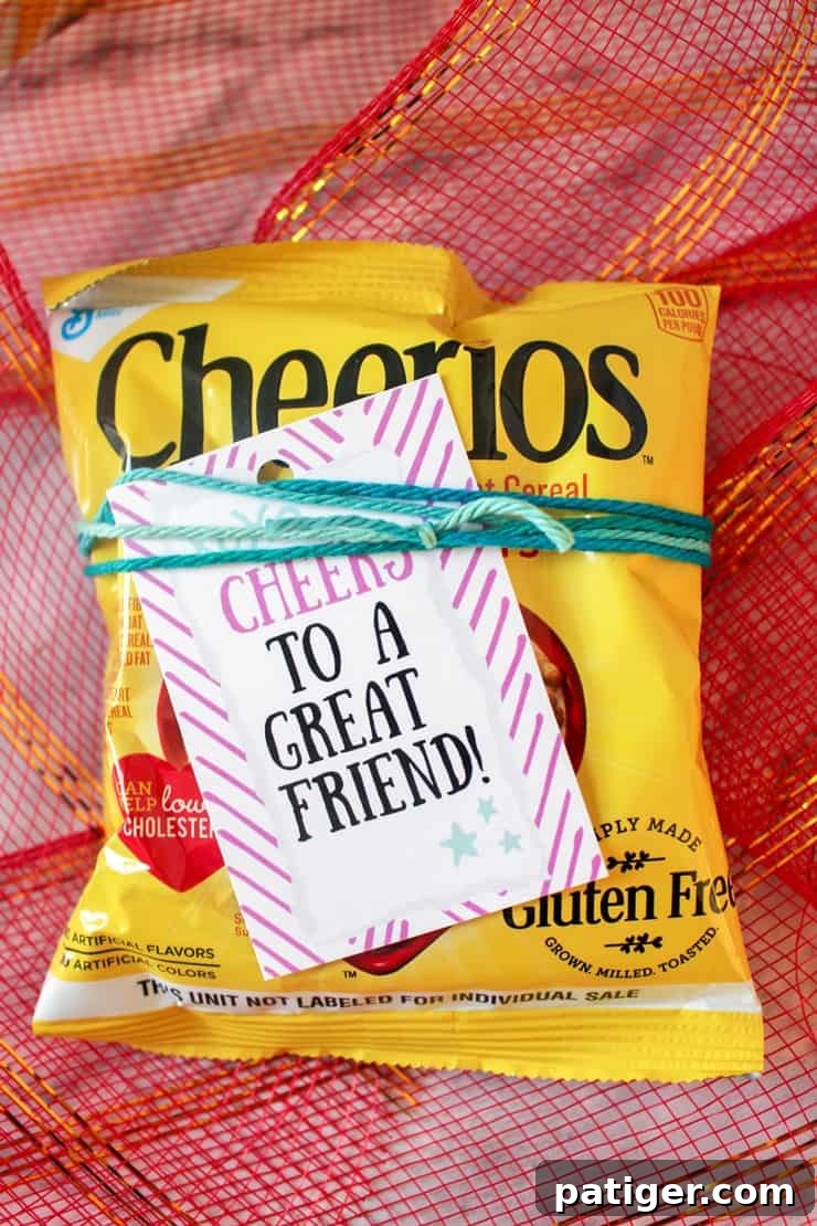 Cheerios with a 'Cheers to a great friend' printable tag