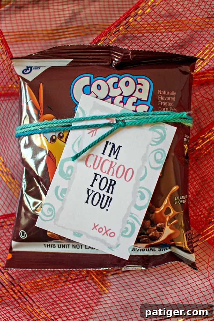 Cocoa Puffs with a 'I'm cuckoo for you' printable tag