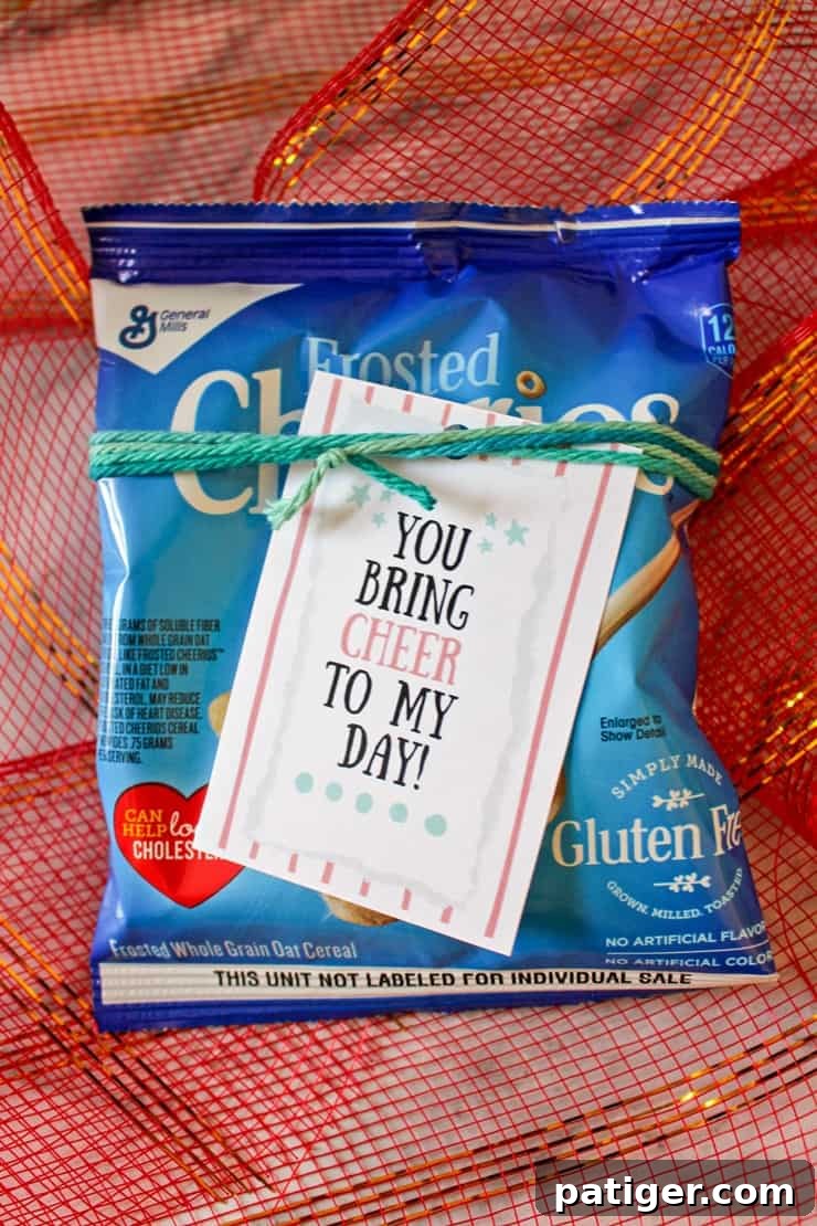 Frosted Cheerios with a 'You bring cheer to my day' printable tag