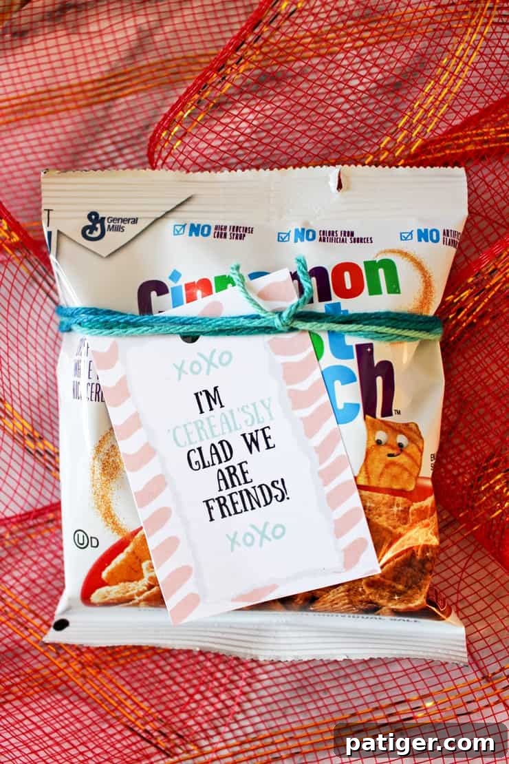 Cinnamon Toast Crunch with a 'I'm cereal'sly glad we are friends' printable tag