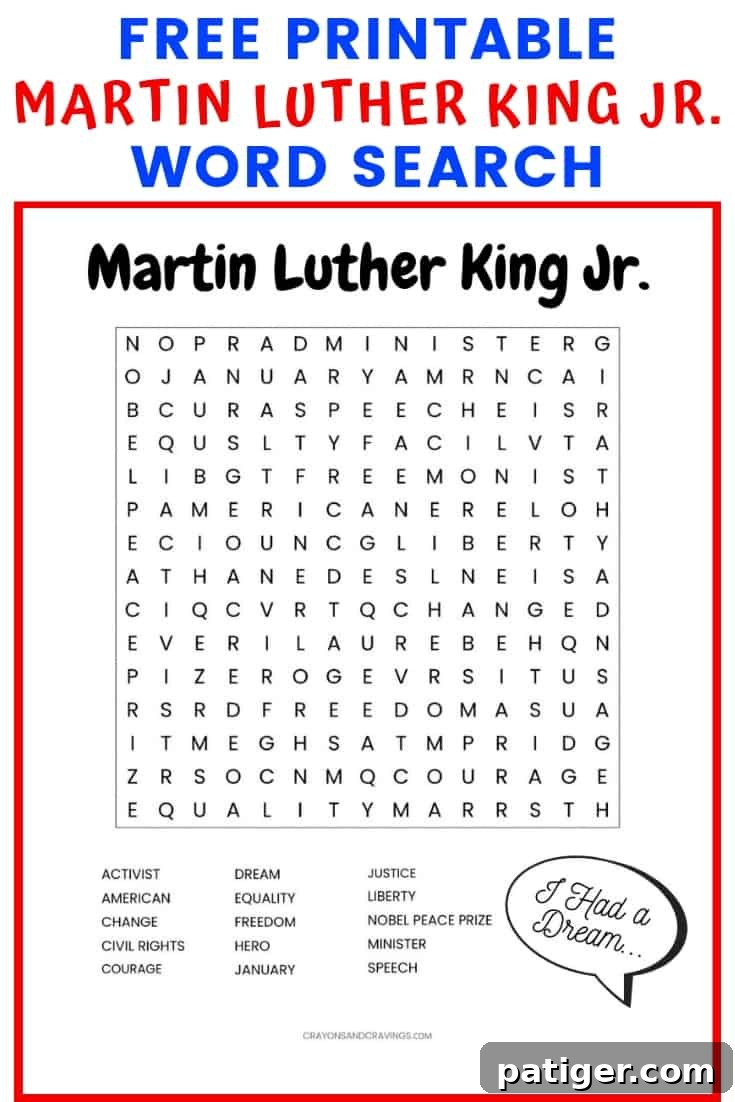 Free Martin Luther King Jr. Word Search Printable Worksheet for MLK Day Activities