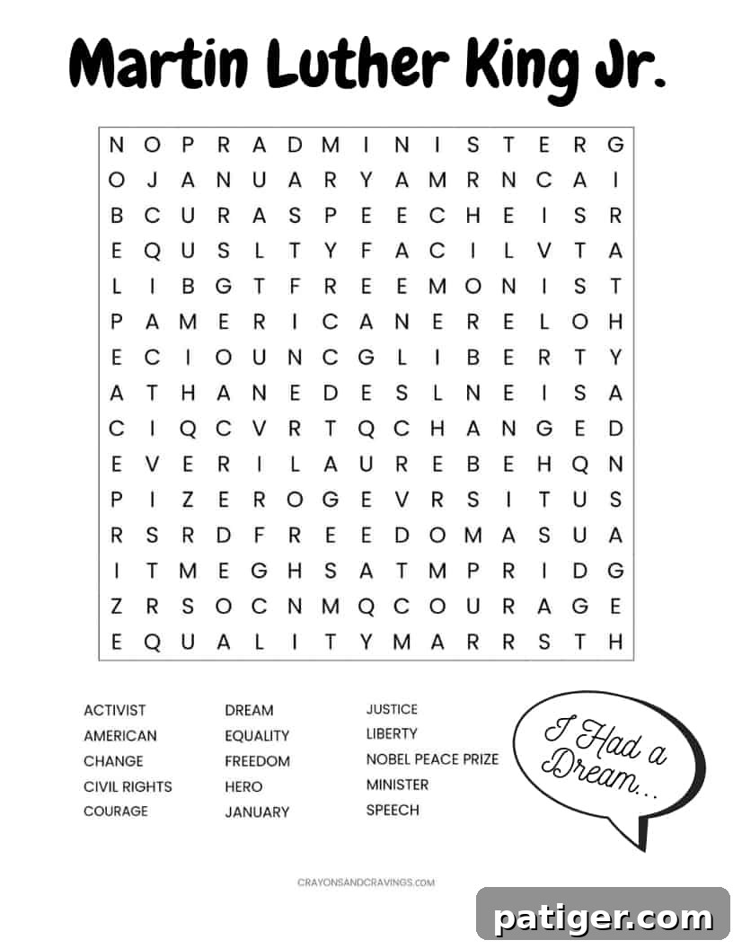 Martin Luther King Jr. Word Search Free Printable for Kids