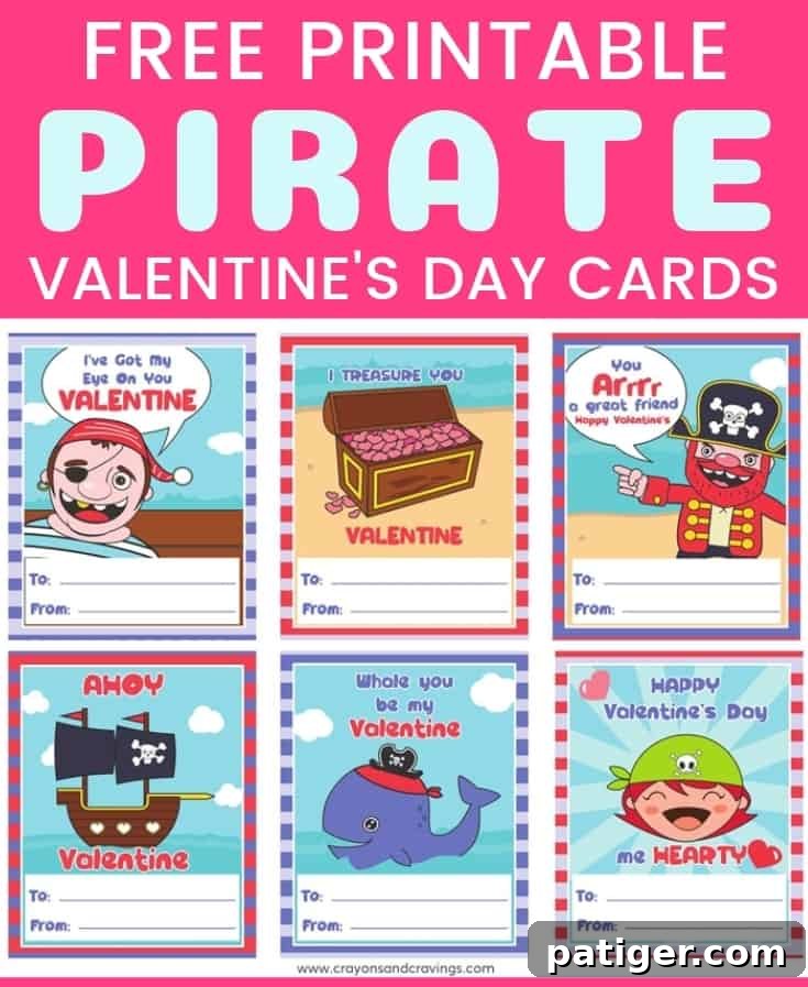 Free printable pirate valentines cards with funny puns and cute illustrations, ideal for kids' classroom exchanges and last-minute crafting.