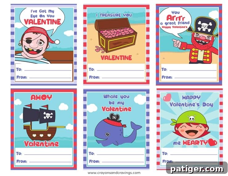 A collection of cute printable pirate Valentine's Day cards for kids, featuring funny puns and an easy to download and print PDF format.