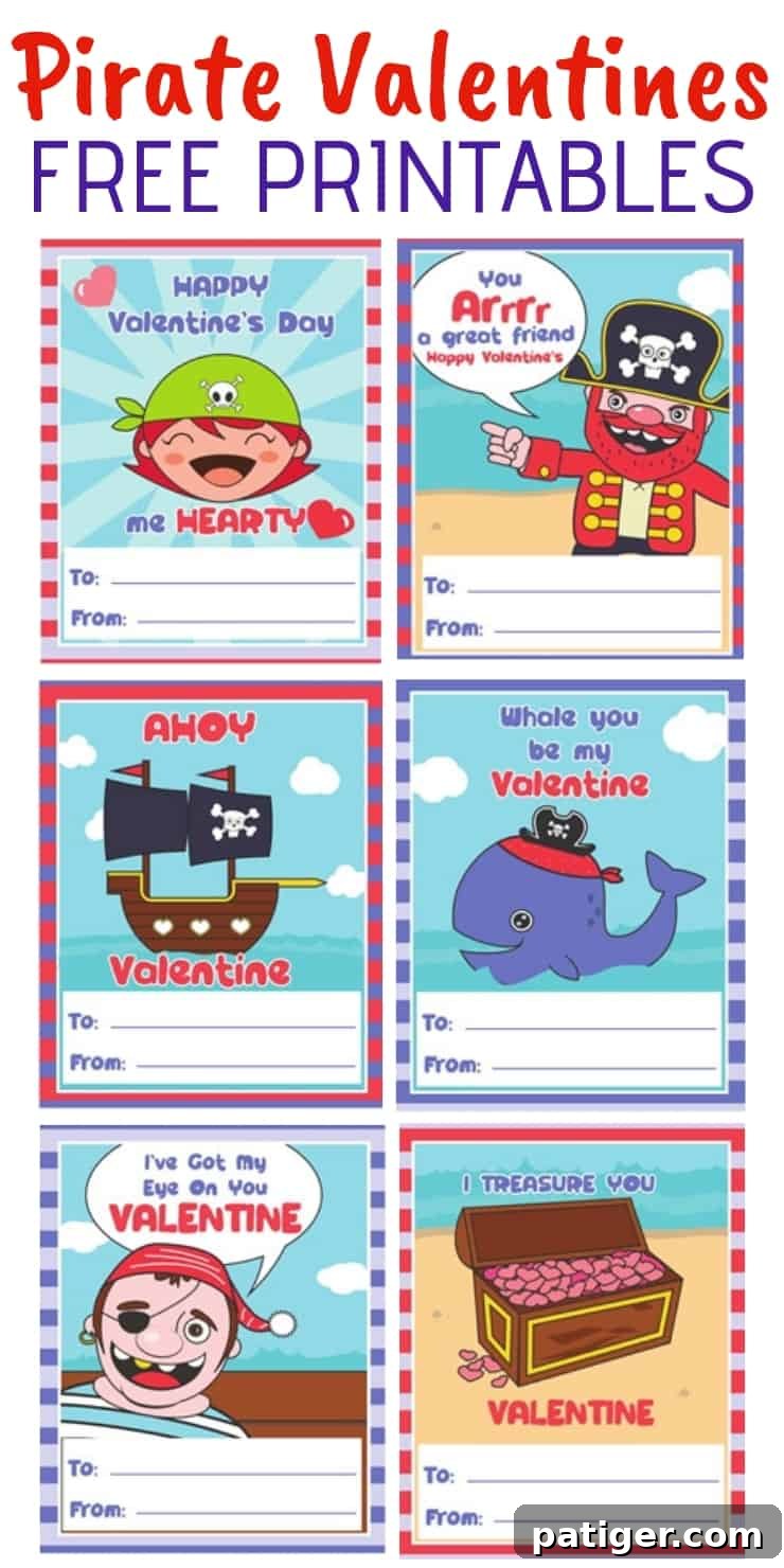 Save these free pirate valentines printables for kids on Pinterest, featuring funny puns and easy download for future use.