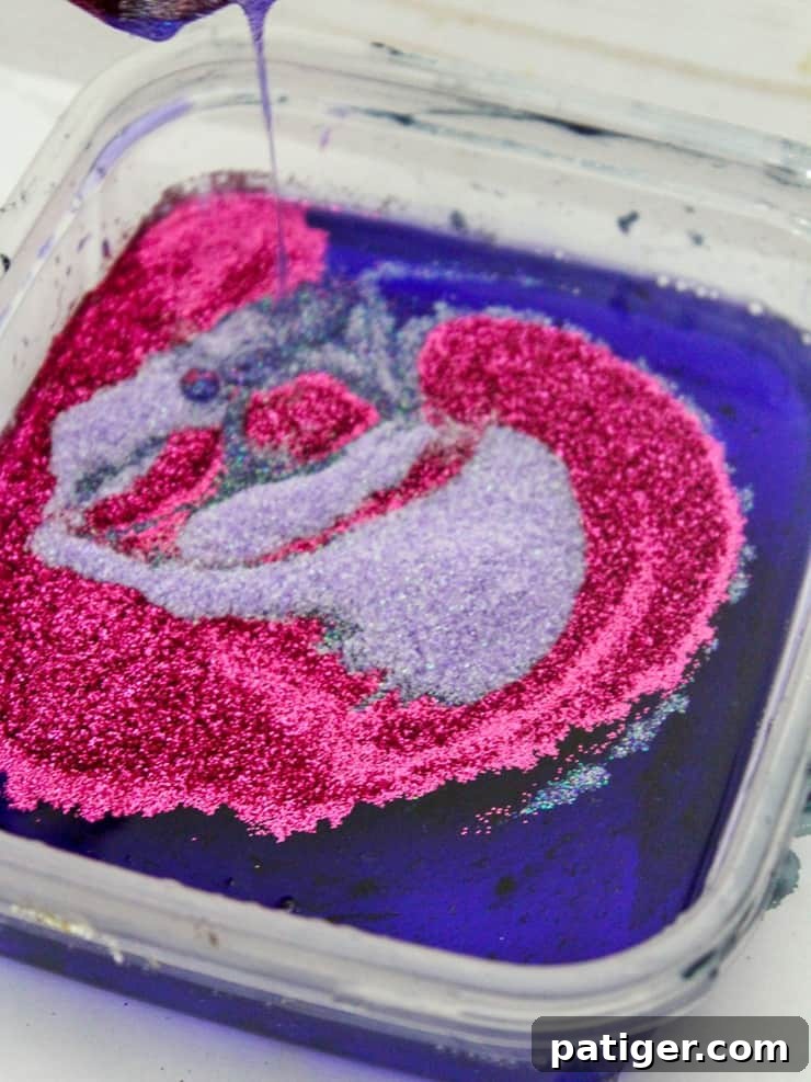 in process image of purple glittery slime being made