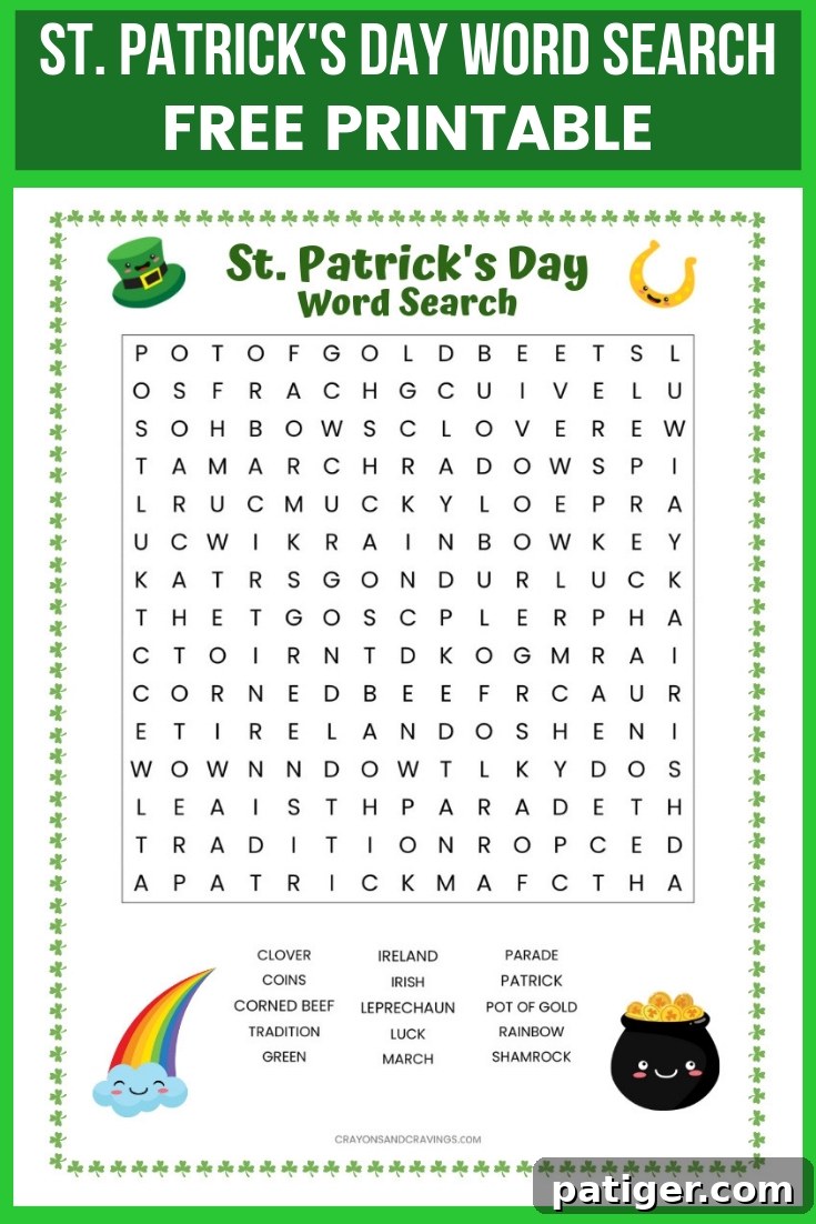 St. Patrick's Day word search FREE printable worksheet for kids, featuring words like shamrock, Ireland, and rainbow. A fun educational activity for the holiday.