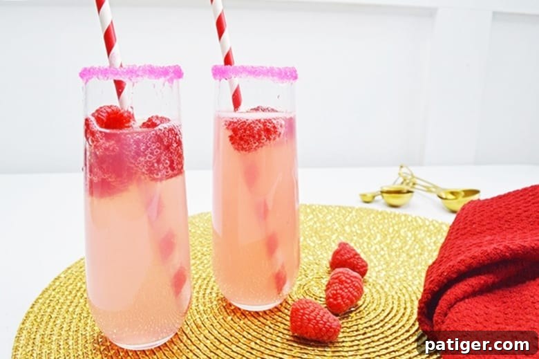 Zesty Raspberry Lemonade Sparklers 4 Tasty Raspberry Lemonade Mimosa cocktail in a tall glass with pink sugared rim and fresh raspberries.
