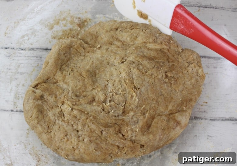 Homemade dog treat dough in a mixing bowl, perfectly combined and ready for rolling.