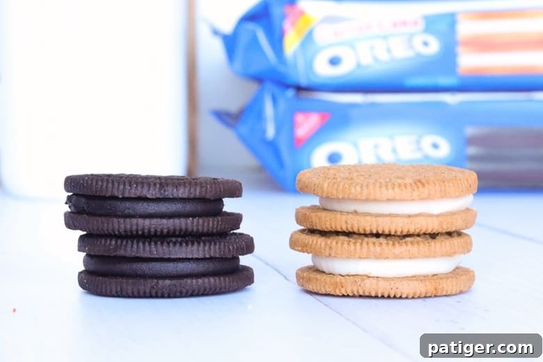 OREO Dark Chocolate and OREO Carrot Cake Cookies stacked with packaging for taste test