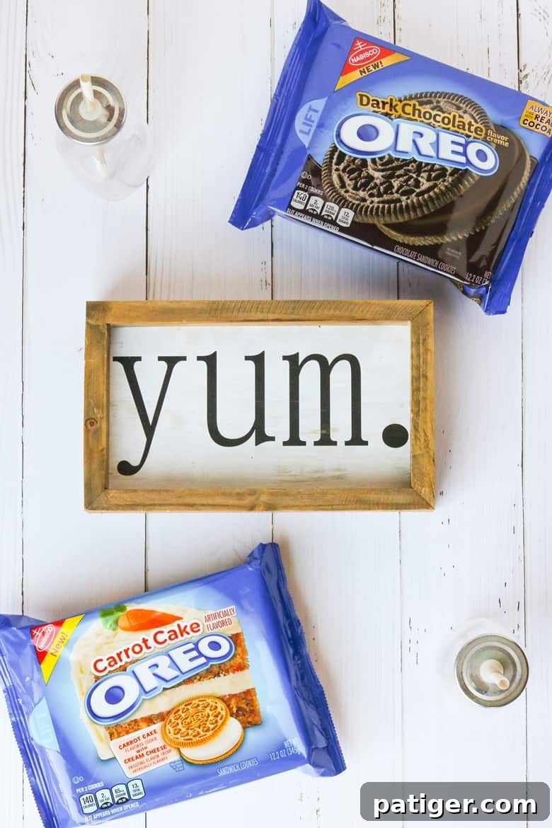 Close-up of new OREO Dark Chocolate and OREO Carrot Cake Cookies, inviting taste