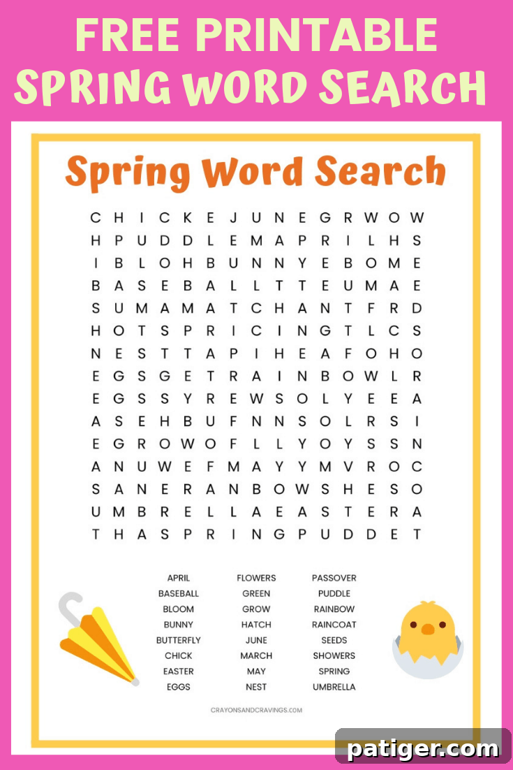 Delightful Free Printable Spring Word Search featuring a cheerful umbrella and a baby chick hatching from an egg, perfect for educational fun.