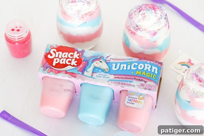 Magical Unicorn Swirl Parfaits 2 Unicorn pudding parfaits, made with Limited Edition Unicorn Magic Snack Pack Pudding Cups, are an easy no-bake dessert perfect for unicorn lovers!