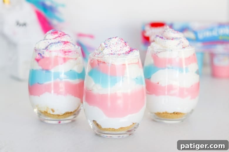 Magical Unicorn Swirl Parfaits 5 Unicorn pudding parfaits, made with Limited Edition Unicorn Magic Snack Packs, are an easy no-bake dessert perfect for unicorn lovers and unicorn parties.