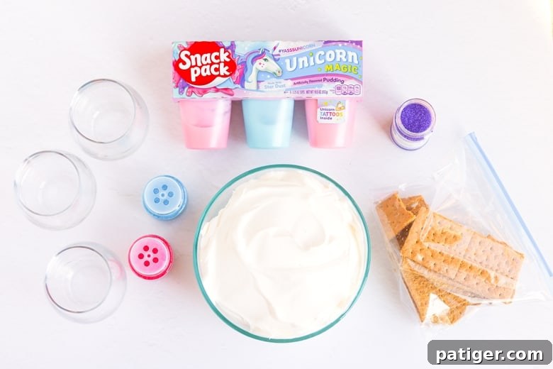 Magical Unicorn Swirl Parfaits 6 Unicorn Magic Parfait Ingredients: Unicorn Pudding Snack Packs, whipped topping, graham crackers in ziplock bag, sprinkles, and 3 cups