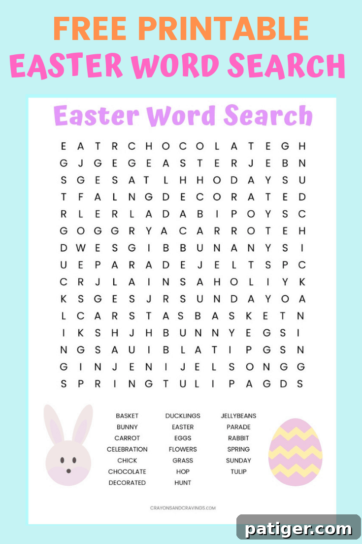 Free Printable Easter Word Search puzzle for kids, featuring a list of Easter vocabulary words, a cute bunny illustration, and a decorated Easter egg graphic. Ideal for classroom or home activities.
