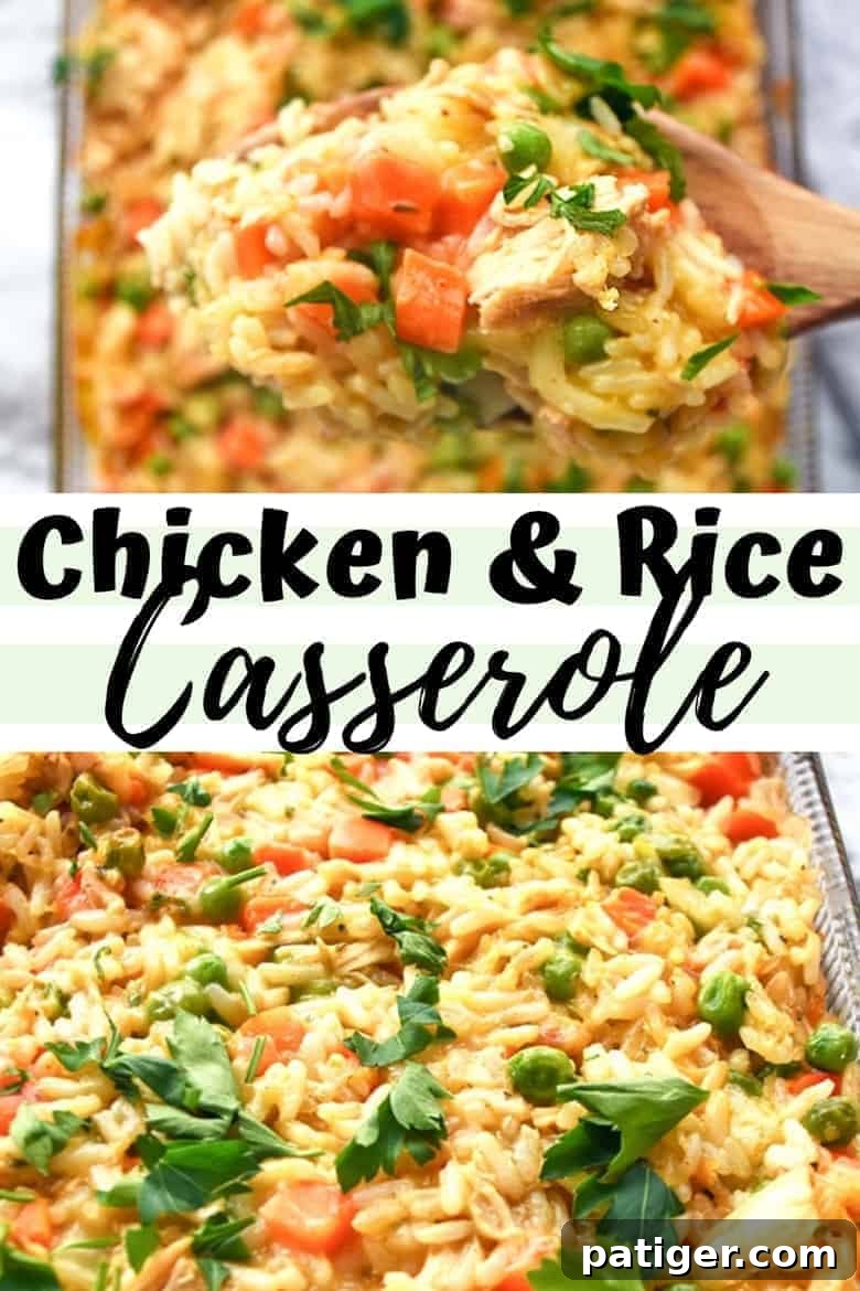 A delicious and easy creamy chicken and rice casserole recipe made with frozen peas and carrots and cream of chicken soup.