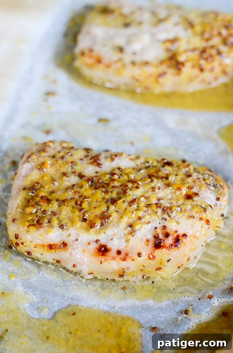 A step-by-step image demonstrating how to make oven roasted honey mustard pork chops, from preparation to baking.