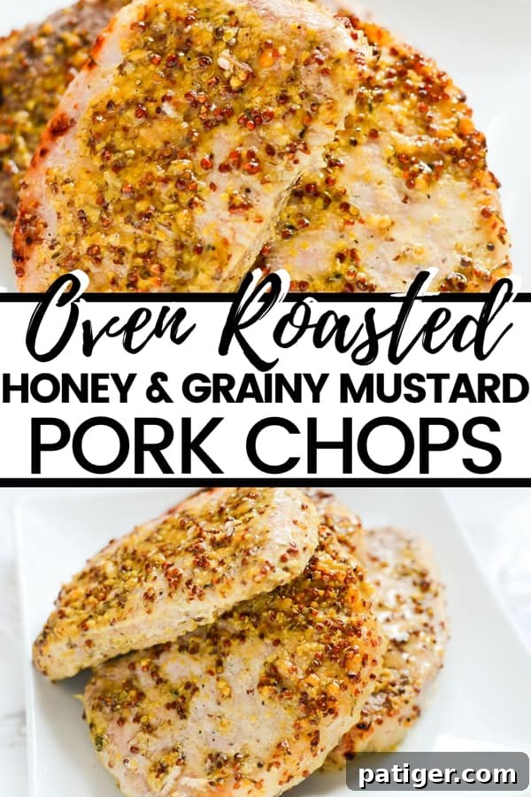 Oven Roasted Honey and Grainy Mustard Pork Chops beautifully plated and ready to serve.