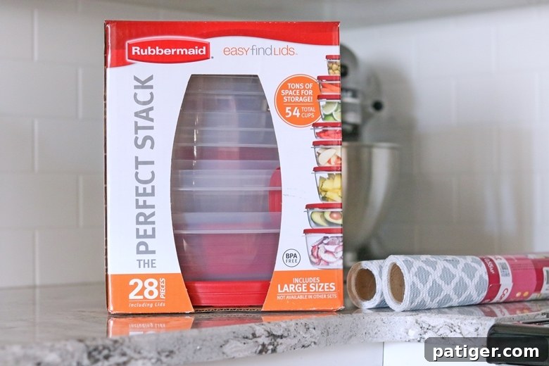 Rubbermaid Easy Find Lids Containers and Contact Paper on countertop