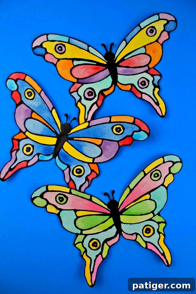 Stained Glass Style Butterfly Craft 2 How to make a faux stained-glass butterfly craft using cardstock, glue, watercolors, and the provided printable butterfly template.