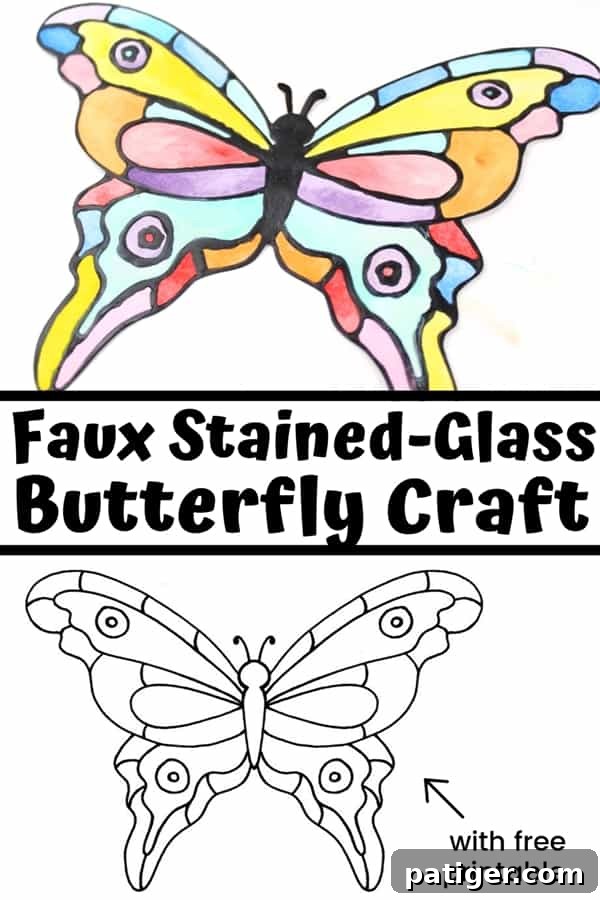 Stained Glass Style Butterfly Craft 10 How to make a faux stained-glass butterfly craft using cardstock, glue, watercolors, and the provided printable butterfly template.