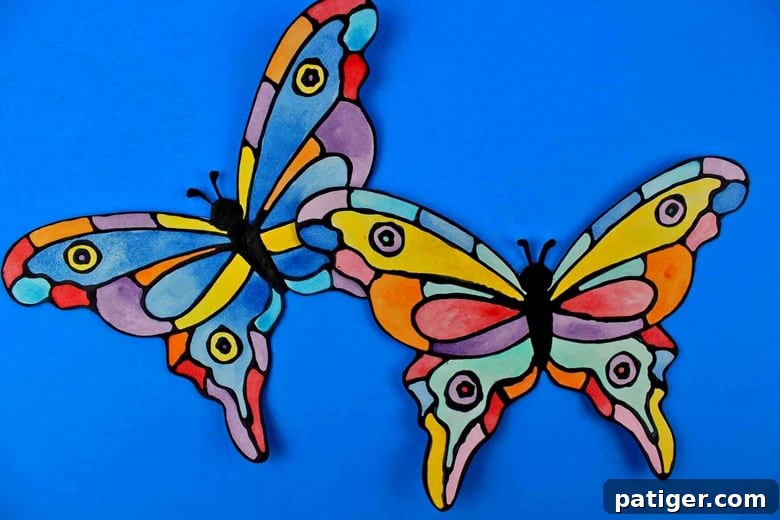 Stained Glass Style Butterfly Craft 8 How to make a faux stained-glass butterfly craft using cardstock, glue, watercolors, and the provided printable butterfly template.