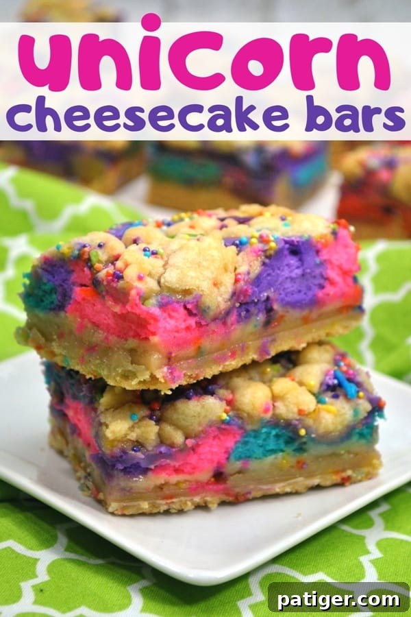 These unicorn bars are a delicious mix between sugar cookies and cheesecake and are decorated to give them a magical unicorn look.
